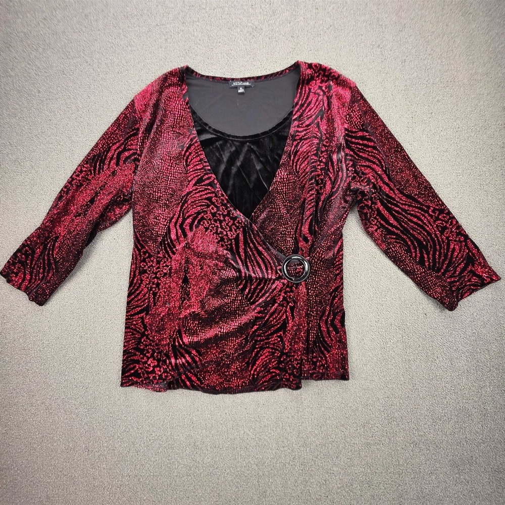 Notations Faux Wrap Blouse Women Red Black Animal Print Metallic Velvet XL